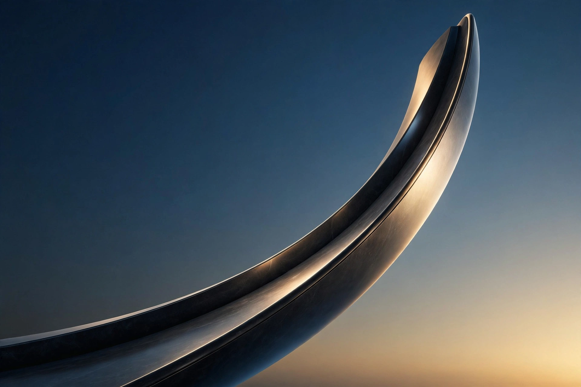 A sweeping metallic arc rising against a gradient sky, representing business growth